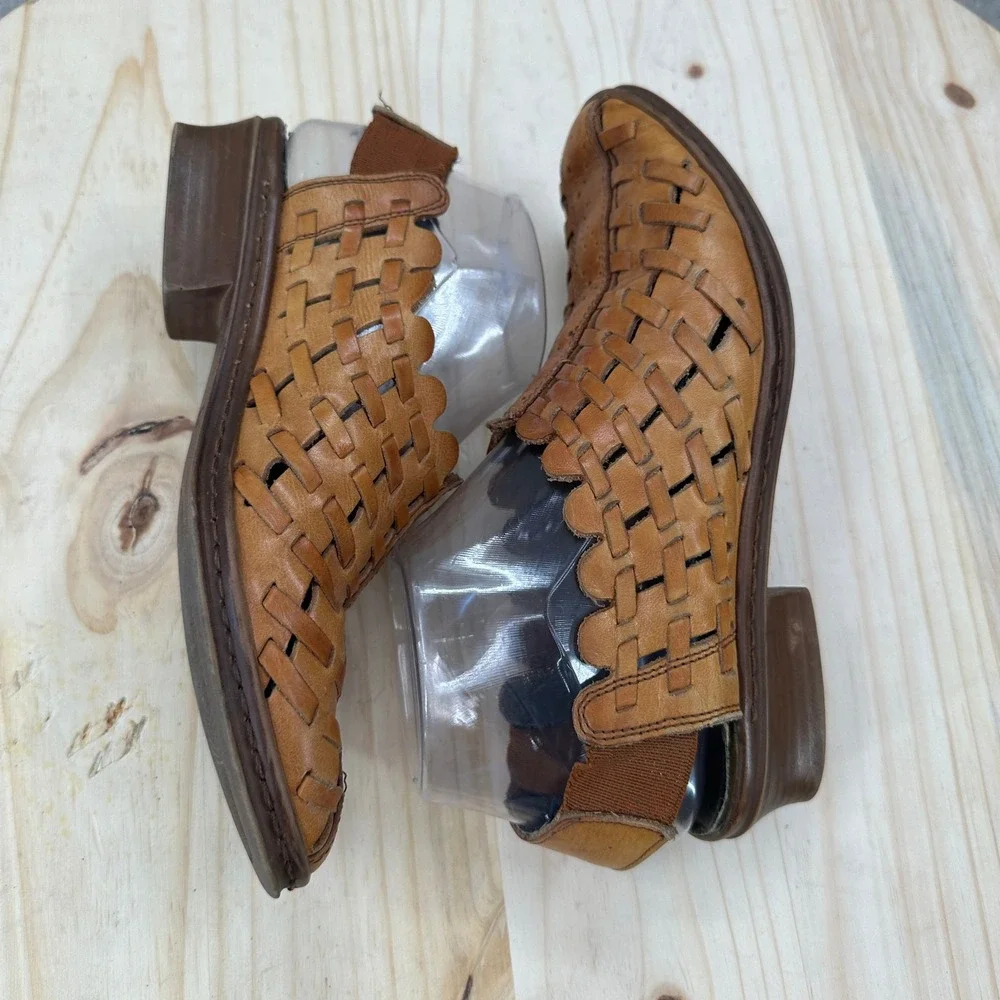 Rieker Woven Leather Slingback Sandals Shoes 7.5 Brown Antistress Scalloped Boho